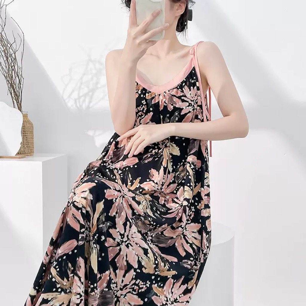 Váy đầm 2 dây liền mút ngực lanh tole mềm mát mặc nhà, mặc ngủ, mặc bầu 2dm
