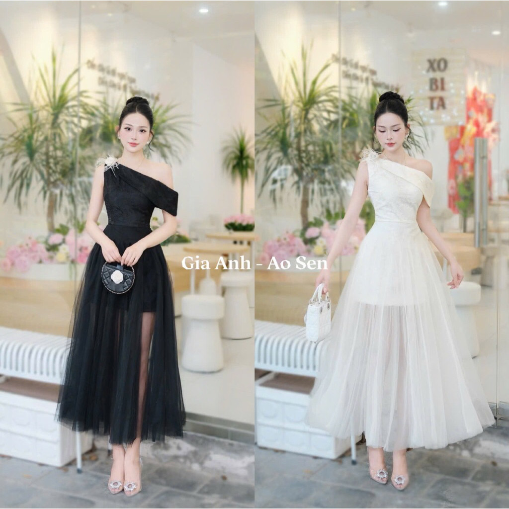 váy ren lệch vai phối lưới BYJOLIE