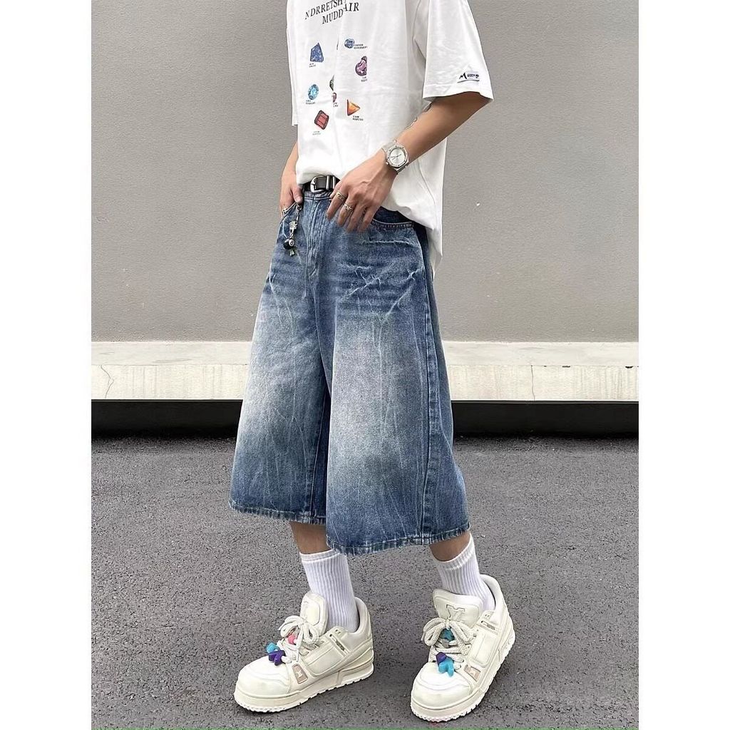 Mỹ High Street Washed Lightning Họa Tiết Quần Jean Quần Short Nam Mùa Hè Puffian Đẹp Trai hiphop Thẳ