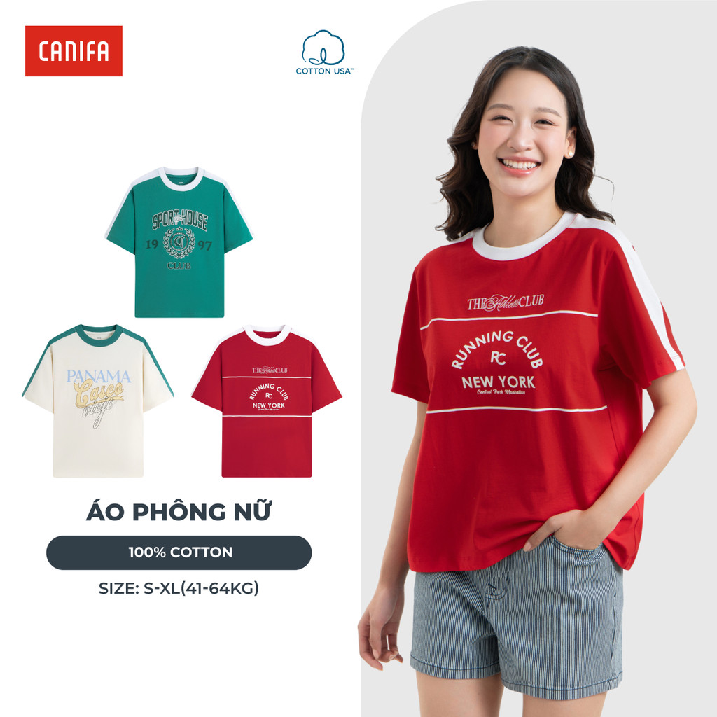 Áo phông nữ cộc tay CANIFA chất liệu Cotton USA dáng boxy có hình in CANIFA 6TS26S011