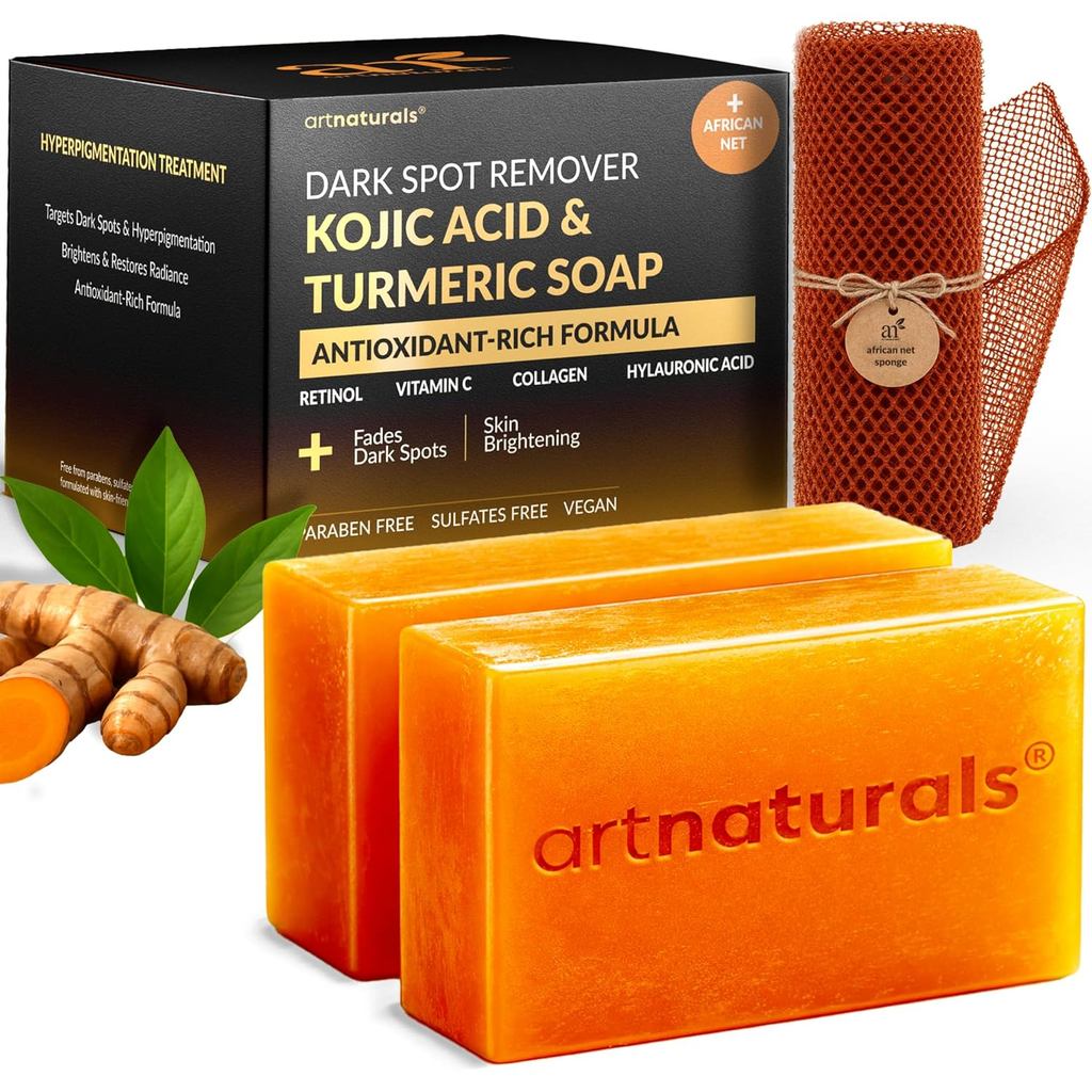 artnaturals Kojic Acid, Turmeric Dark Spot Remover Soap Bars with Vitamin C, Retinol, Collagen & She