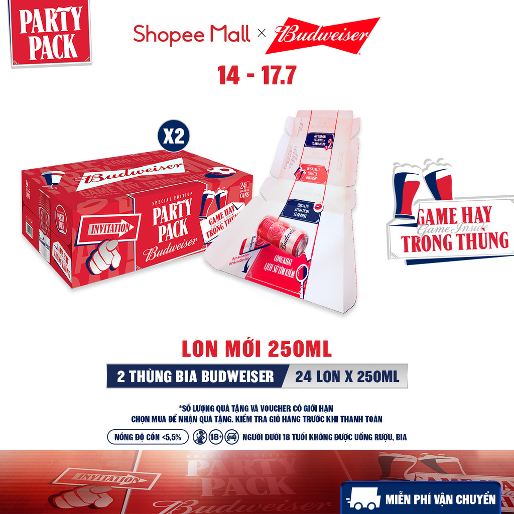 [MỚI] Combo 2 Thùng 24 Lon Bia Budweiser PartyPack Chính Hãng (250ml/lon)