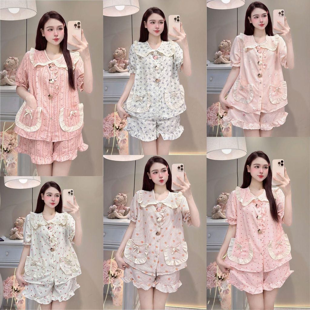Bộ Đồ Ngủ Nữ JUSOKA Pijama DU52 Chất Liệu Đũi Vân Mây Cố Sen Viền Bèo Siêu Mềm Mịn Nhiều Họa Tiết Dễ