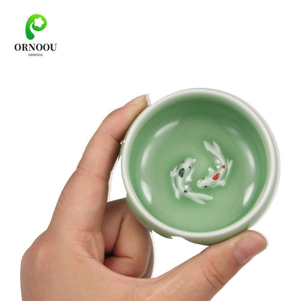 ORNOOU Golden Fish Celadon Porcelain Teacups, Crackle 60ml Long Tuyền Tea Cup, Crackle Tea Cup tinh 
