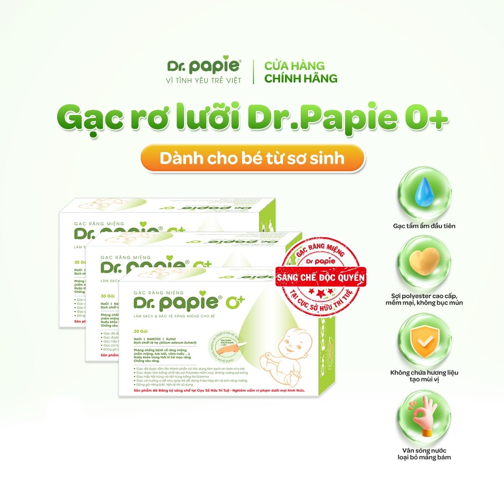 Combo 3 Gạc Rơ Lưỡi Làm Sạch Răng Lưỡi Nướu Công Thức Sáng Chế Độc Quyền Dr.Papie 0+ Ngừa Tưa Lưỡi N
