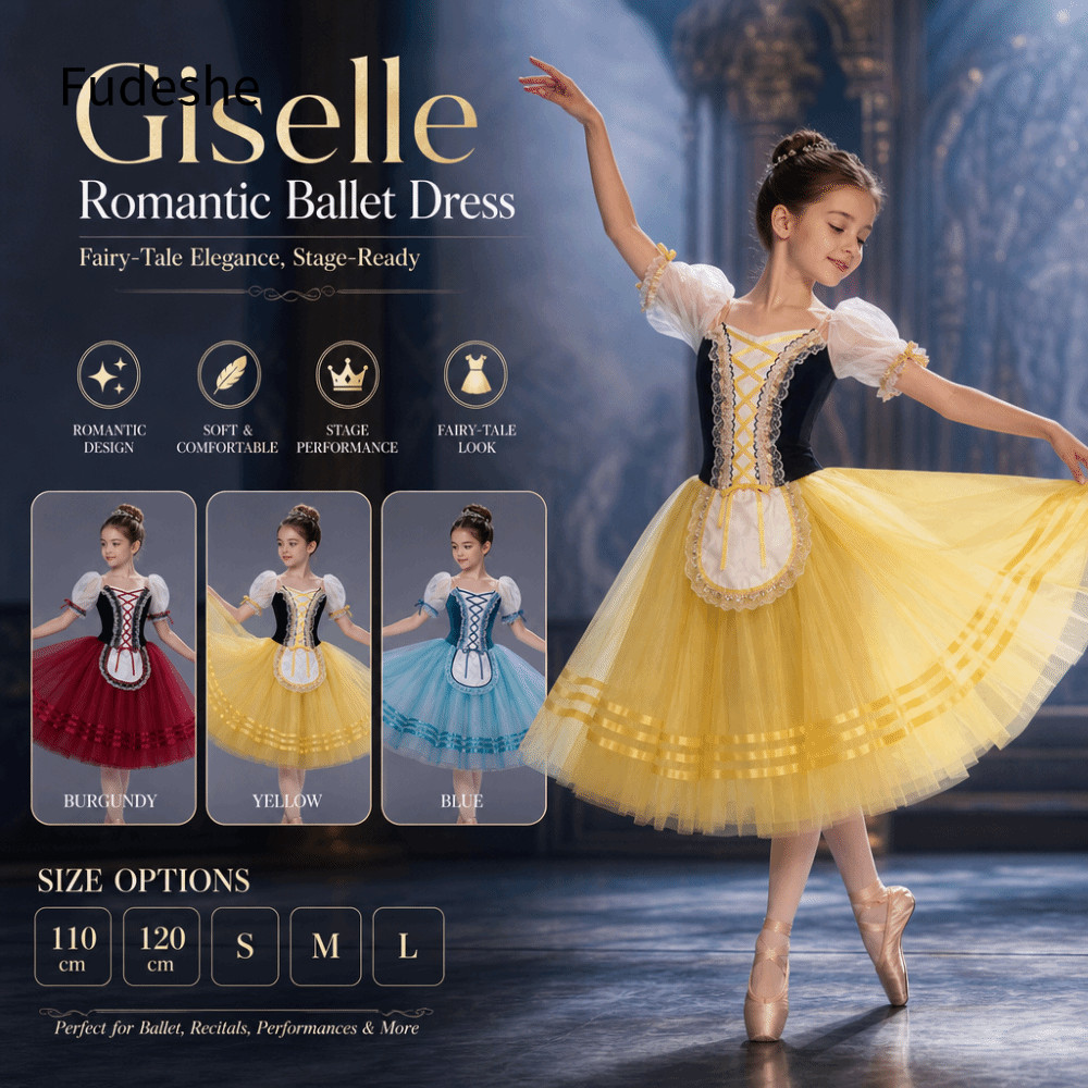 FUDESHE Giselle Ballet Tutu Dress, Nhung Puff Tay Thể Dục Vũ Leotard, Cổ Điển Dài Tulle Váy Chéo Ruy
