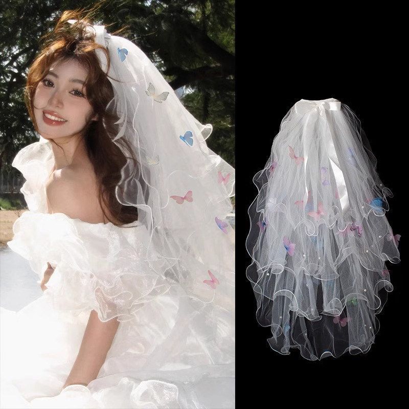Mới Ngắn Màu Bướm Veil Bridal Wedding Veil Gair Dress