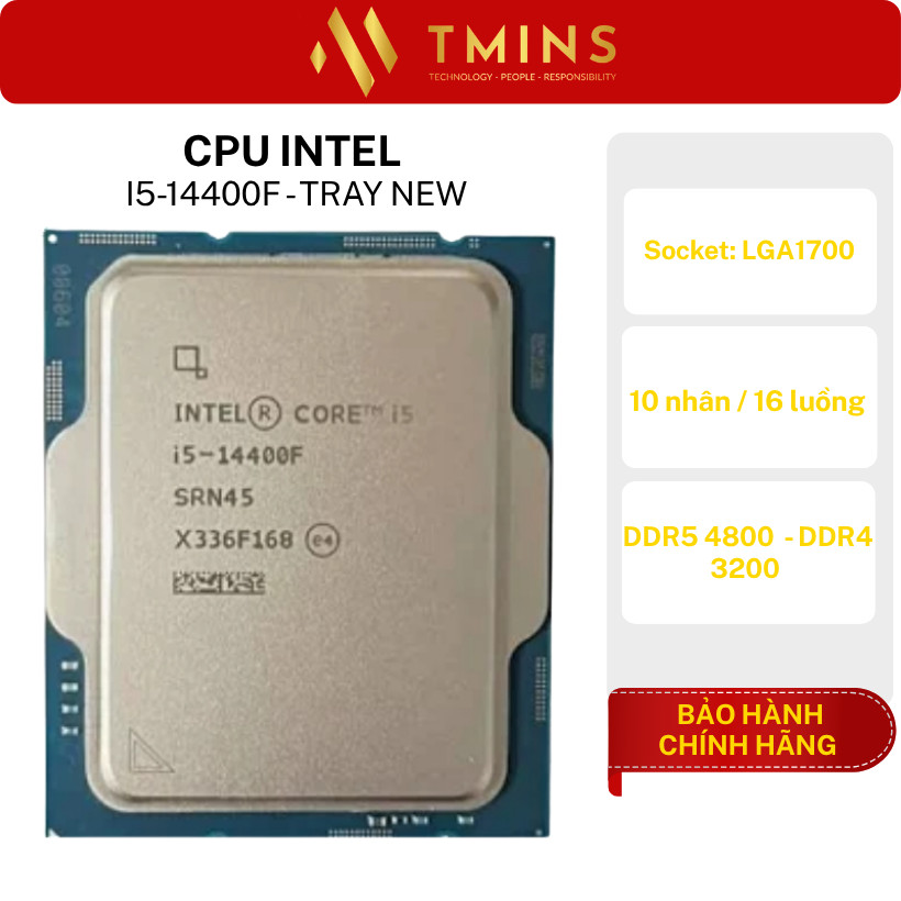 CPU Intel Core i5-14400F TRAY NEW (Up To 4.70GHz, 10 Nhân 16 Luồng, 20MB Cache, LGA 1700)