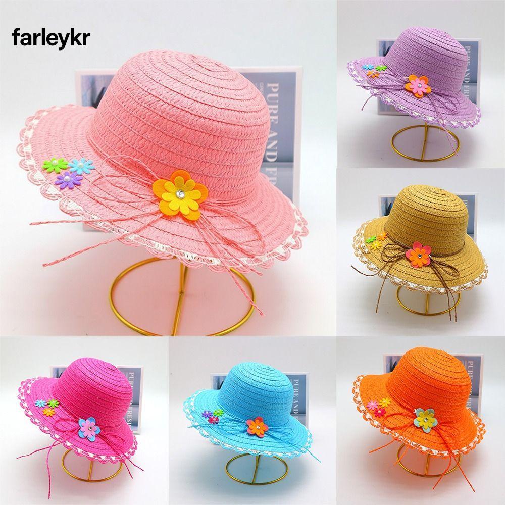 Mũ Rơm FARL, Mũ Chống Nắng Vành Rộng Handmade, Trang Trí Hoa Ngọt Ngào 3-7Year Mũ Đi Biển Du Lịch