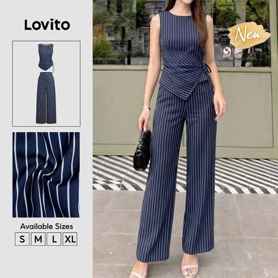 (New Arrival) Lovito Quần ống bất đối xứng phối ren túi mùa xuân/hè màu xanh navy dành cho nữ PSB38BR092