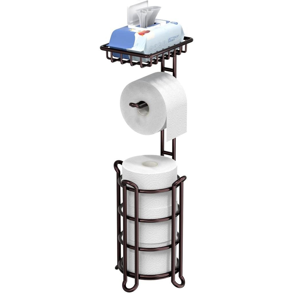 Toilet Paper Holder Stand Tissue Paper Roll Dispenser with Shelf for Bathroom Storage Holds Reserve 