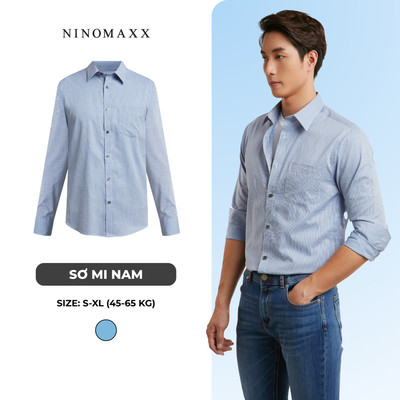 Áo Sơ Mi Nam Dài Tay NINOMAXX Xanh Kẻ Sọc Chất Cotton Có Túi Trước Form Slimft Tôn Dáng 2101087