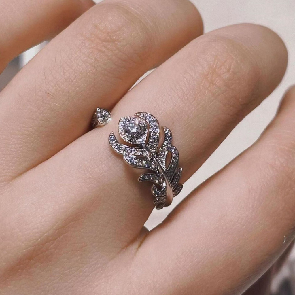 Bao Shilong Peacock Feather Full Diamond Ring Shining High Carbon Diamond Leaf Feather Open Ring