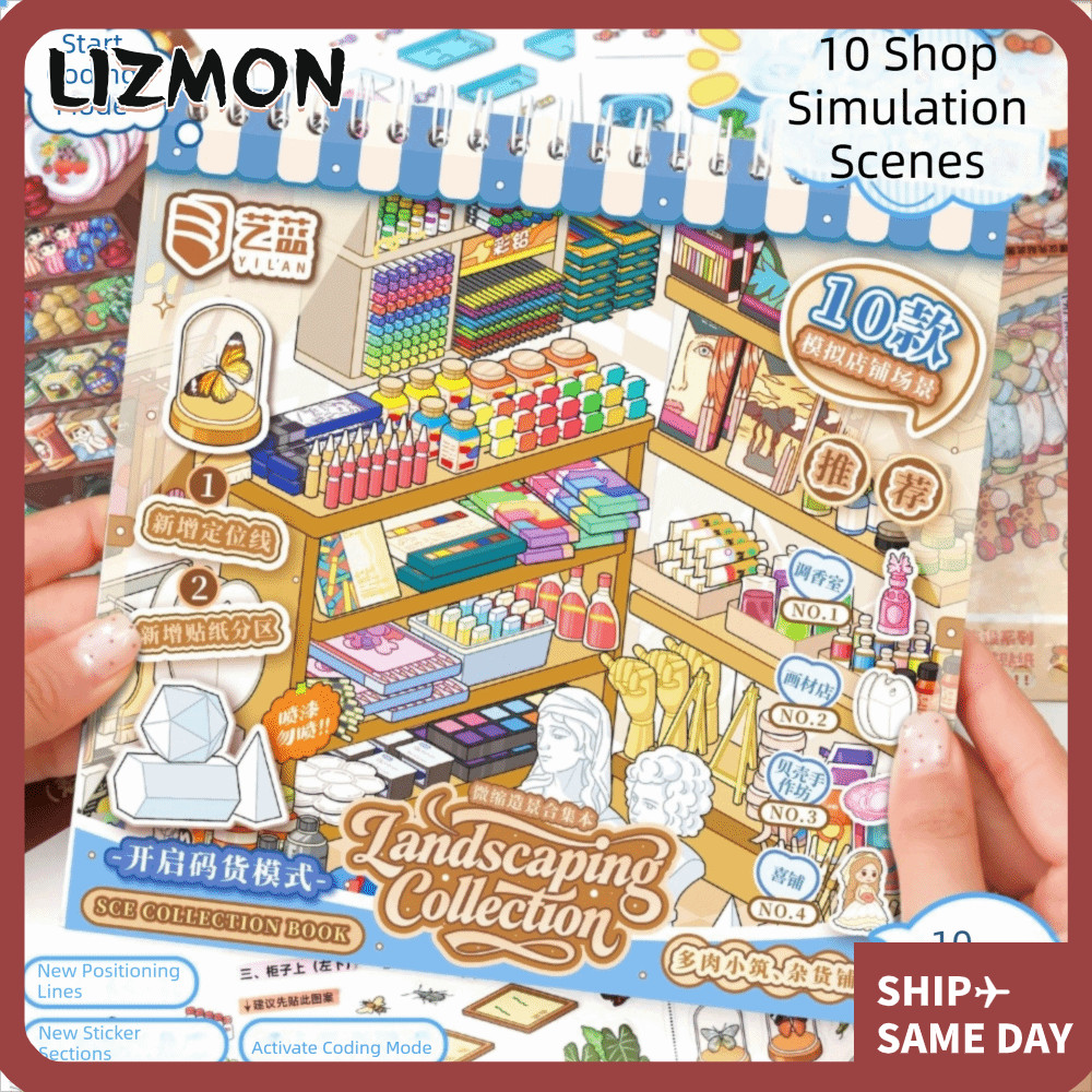 LIZMON Sticker Book, PET Die-cut Mini Scene Sticker, Minh họa tinh tế Giảm căng thẳng 30 tờ Shop Sce