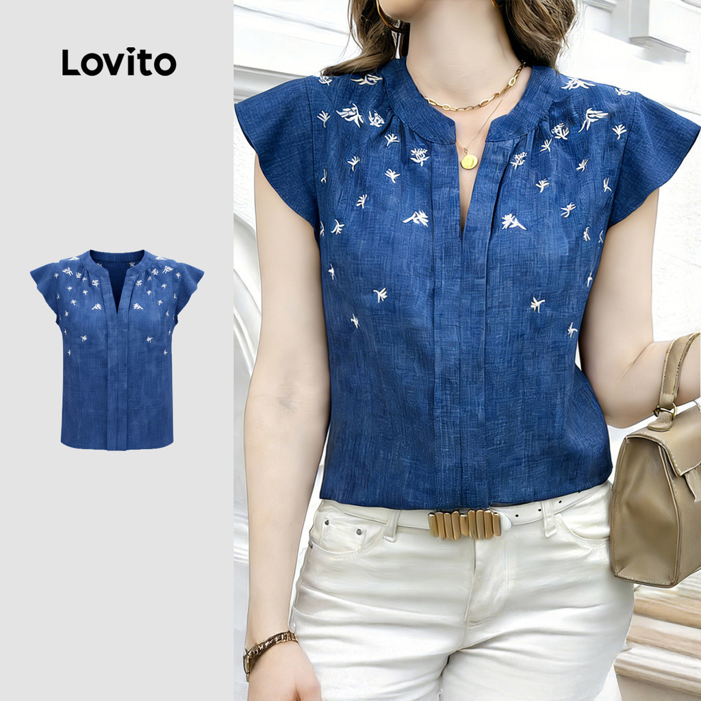 Áo kiểu nữ Lovito denim xanh dương xuân hè Boho LK5EDD474