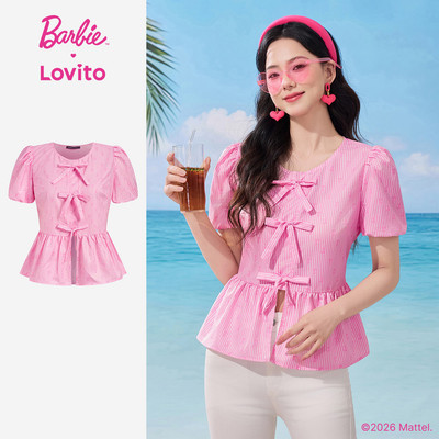 Barbie™ X Lovito Phong cách thường ngày Áo Kiểu Hàn Quốc Dáng Họa Tiết Hoa Thắt Nơ Phía Trước Màu Hồng Thích Hợp Cho Mùa Xuân/hè Dành Cho Nữ LB1AD039