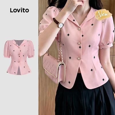 (New Arrival) Lovito Áo sơ mi nữ màu hồng nhạt phong cách thanh lịch họa tiết cúc phù hợp đi làm mùa Xuân/Hè L199ED129