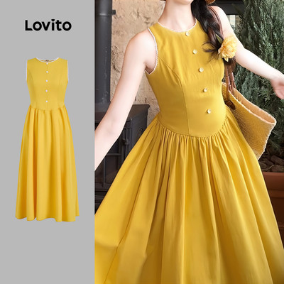 (New Arrival) Lovito Đầm nữ màu vàng xuân hè cài cúc phía trước khóa kéo phong cách thường ngày L195ED045