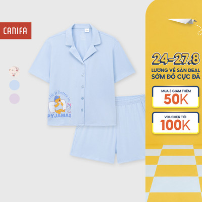 Bộ pyjama nữ CANIFA bộ quần áo hè cotton pha cộc tay quần short có hình in 6LS26S001