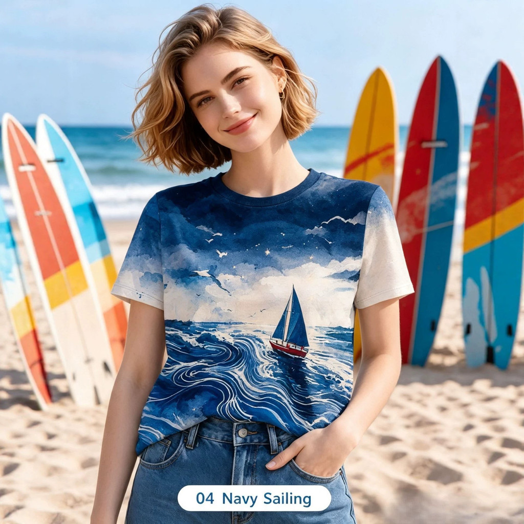 Áo thun ngắn tay in hình Blue Ocean Red Fan Summer Ocean Style 2026.8.23