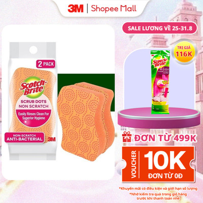 Miếng rửa chén hạt nổi 3M™ Scotch-Brite®, siêu sạch, chống trầy, gói 2 miếng, xanh/cam, Làm sạch các vết bẩn cứng đầu