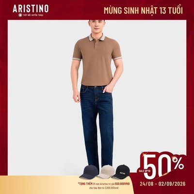 Set đồ nam thời trang công sở Aristino polo màu nâu APS165EC và quần bò hiệu ứng giặt mài AJN0060S0