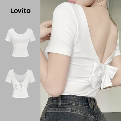 Áo thun Lovito hở lưng phối nơ sau mùa xuân/hè màu trắng phong cách thường ngày cho nữ L178ED622