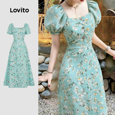 Đầm Lovito thanh lịch có nút phía trước mùa xuân/hè màu xanh lá cho nữ L34LD160