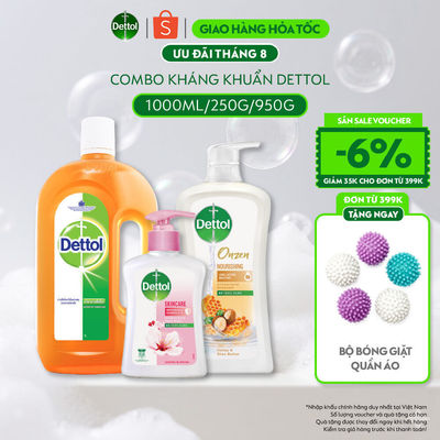 Combo Kháng Khuẩn Toàn Diện: Dung Dịch Diệt Khuẩn Đa năng 1L+Sữa Tắm Kháng Khuẩn Dưỡng Thể 950g+ Nước Rửa Tay 250g