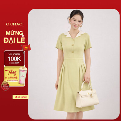 Đầm Nữ GUMAC Form A Thanh Lịch Cổ V Cách Điệu Phối Màu Thanh Lịch DF08005