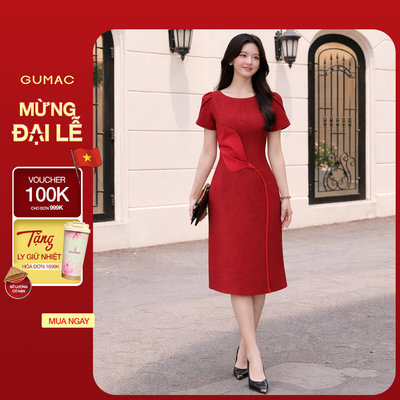 Đầm Nữ Form A GUMAC Cổ Thuyền Tay Cánh Hồng Cách Điệu Chất Bố 2 Lớp Thanh Lịch LDF1008