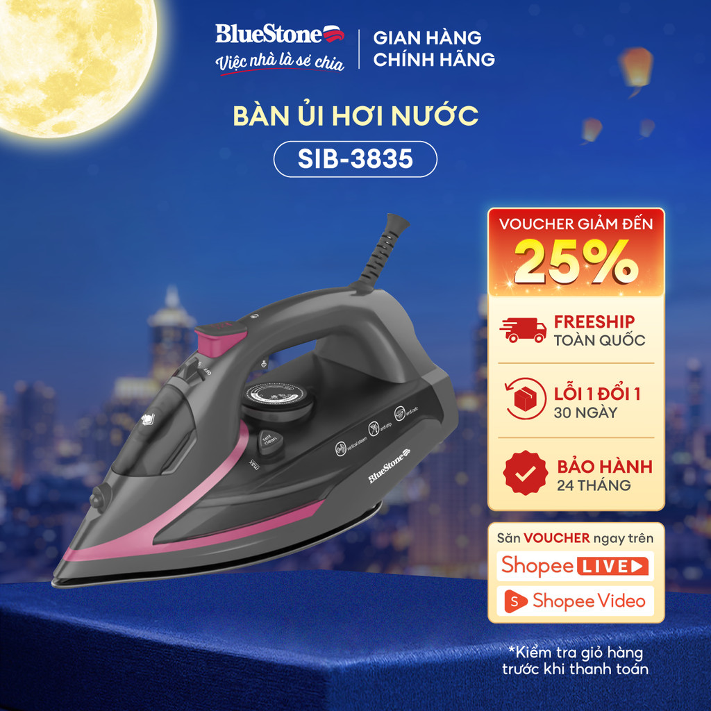 Bàn ủi hơi nước BlueStone SIB-3835 - Đen hồng, 2720W, Dung lượng 350ml