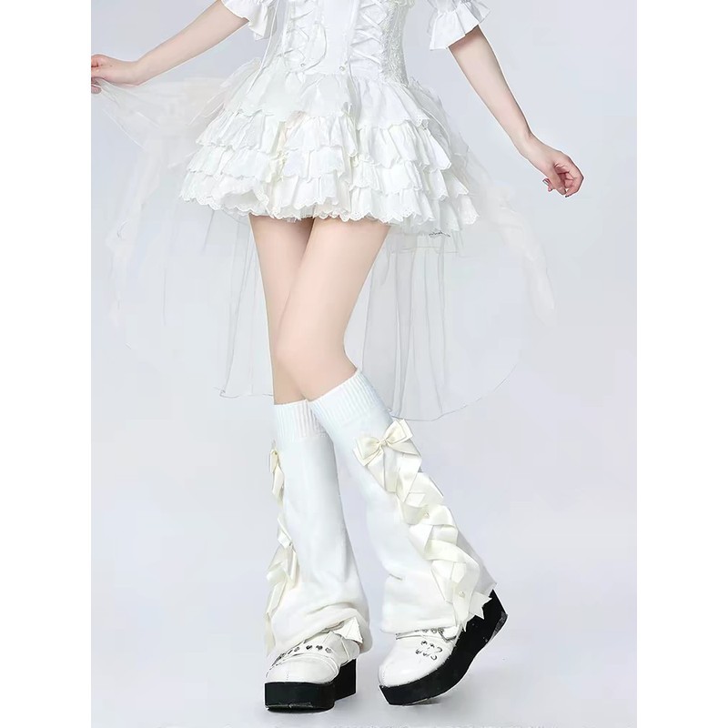 Vớ dài màu đen trắng phong cách Lolita Nhật Bản, vớ dài buộc chéo trên đầu gối, đồng phục JK.