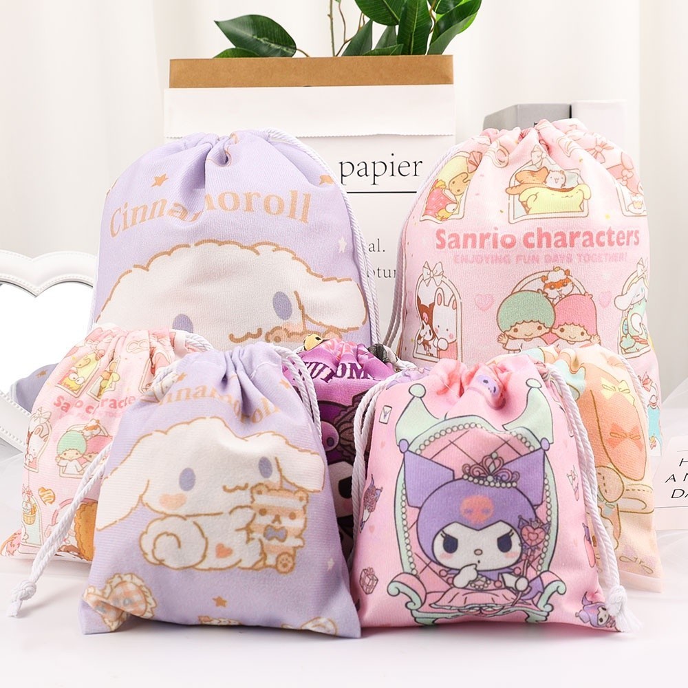 1PC S/L Sanrio Melody Drawstring Bag Flannelette Cloth Bag Kuromi Cinnamoroll Sundry Storage Bags Po