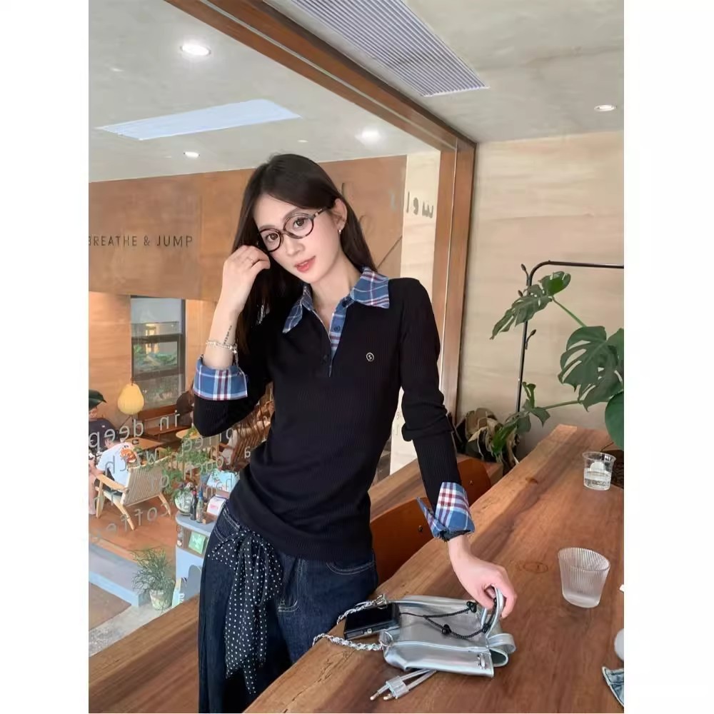 Áo Polo tết giáng sinh thun dài tay nữ giữ ôm body baby tee Thời Trang Kiểm Tra Top Nữ Thu Đông Phong Cách Mới Khâu | BigBuy360 - bigbuy360.vn