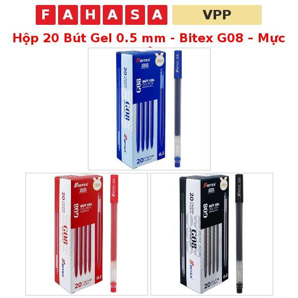 Hộp 20 Bút Gel 0.5 mm - Bitex G08 – Mực Đen, Đỏ, Xanh