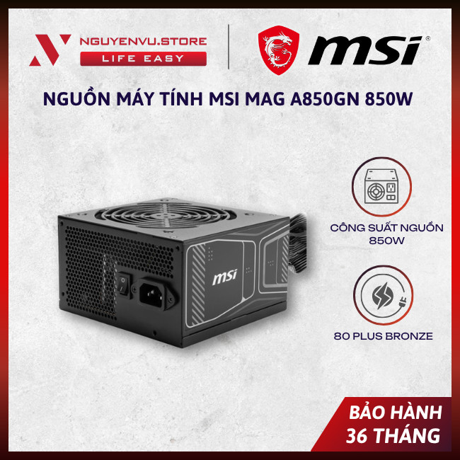 [FULL VAT] Nguồn máy tính MSI MAG A850GN 850W PCIE5 - 80 Plus Gold - Non Modular - [BẢO HÀNH 36 THÁN