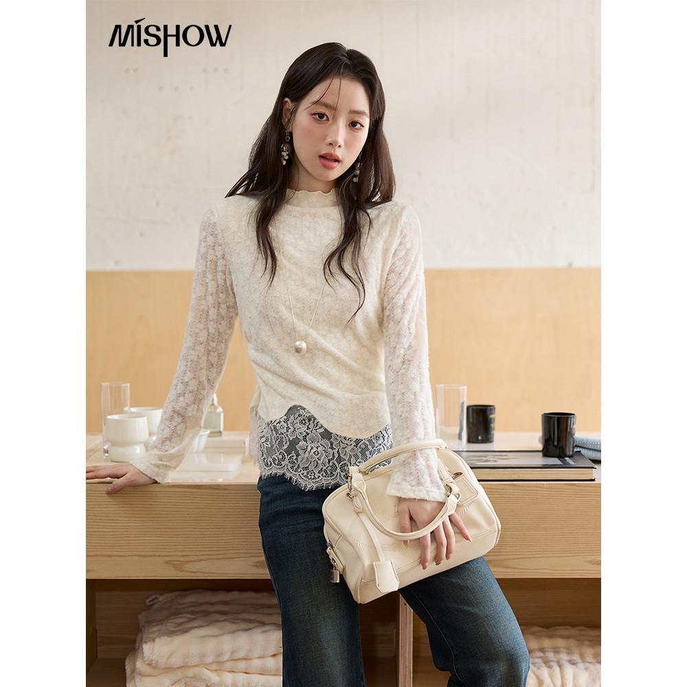 MISHOW Người Phụ Nữ Dài Tay Áo Thu Đông 2025 Thanh Lịch Sang Trọng Ren Đáy Áo Sơ Mi Cổ Rùa Mỏng Top
