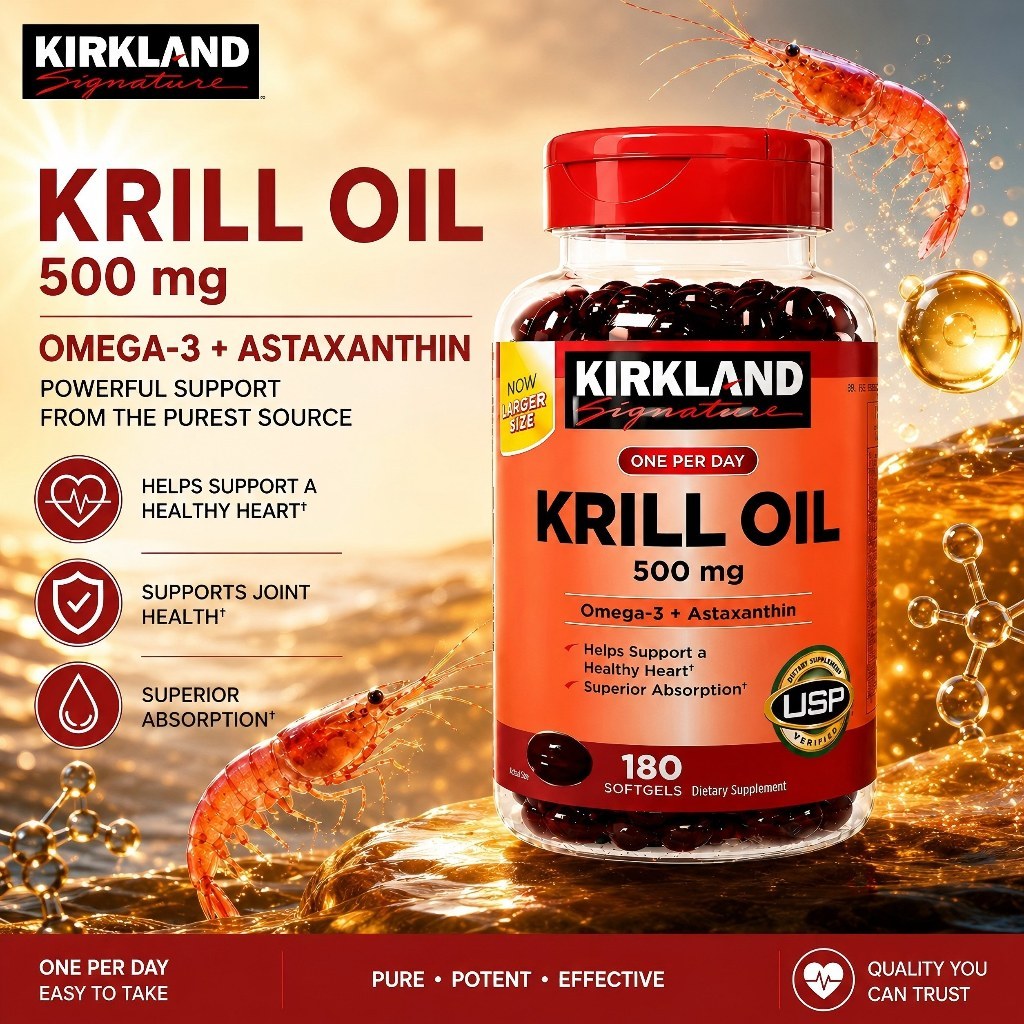 【Nhập khẩu từ Mỹ】Dầu Nhuyễn Thể Kirkland Krill Oil 500mg 180 viên của