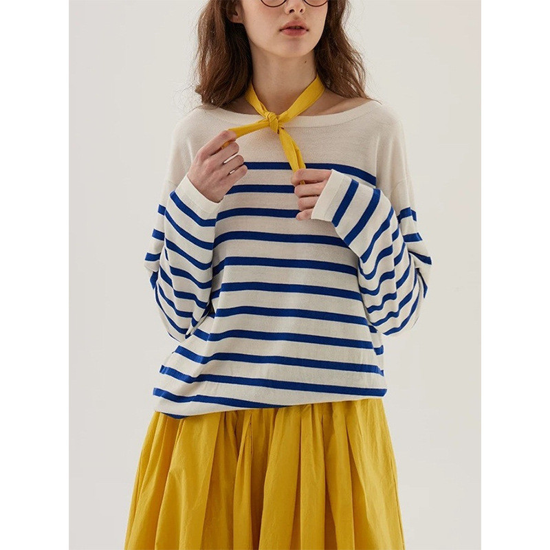 WXPX Navy blue striped loose boat neck tencel wool long-sleeve knit sweater