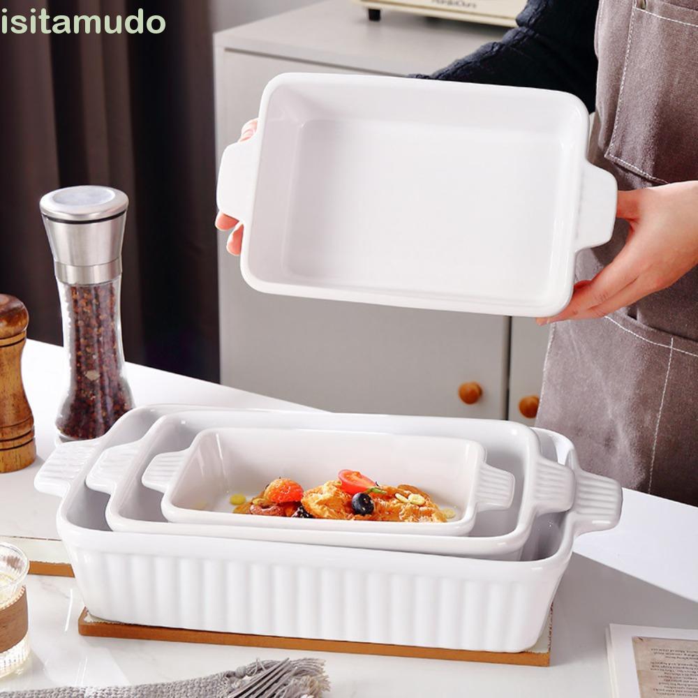 Đĩa nướng ISITAMUDO, Khay nướng gốm sứ sâu họa tiết sọc, bền có tay cầm Hình chữ nhật Lasagna Pan Ro