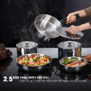 (Tặng thêm 1 cán) Bộ nồi chảo iNox cán rời 9 món - Không phủ lớp chống dính