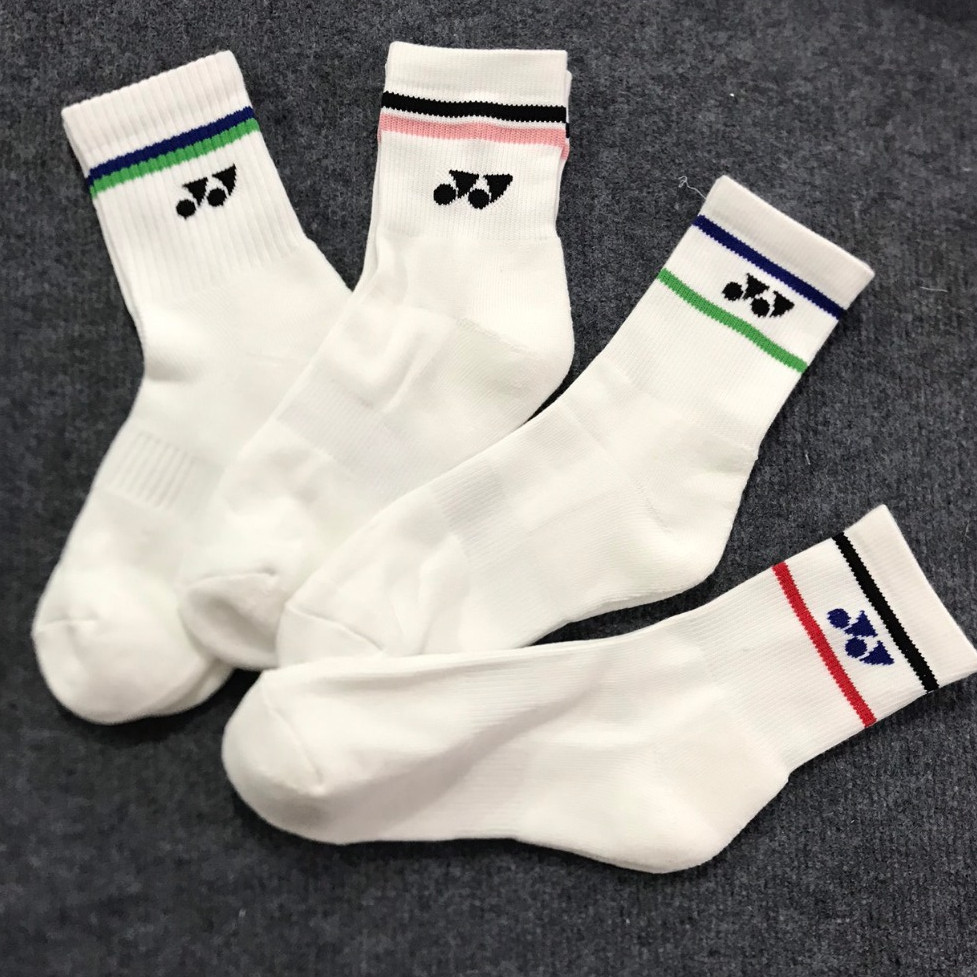 Yonex Premium Cotton Athletic Socks (3-Pair Pack) - White Striped Crew Socks for Badminton, Tennis, 