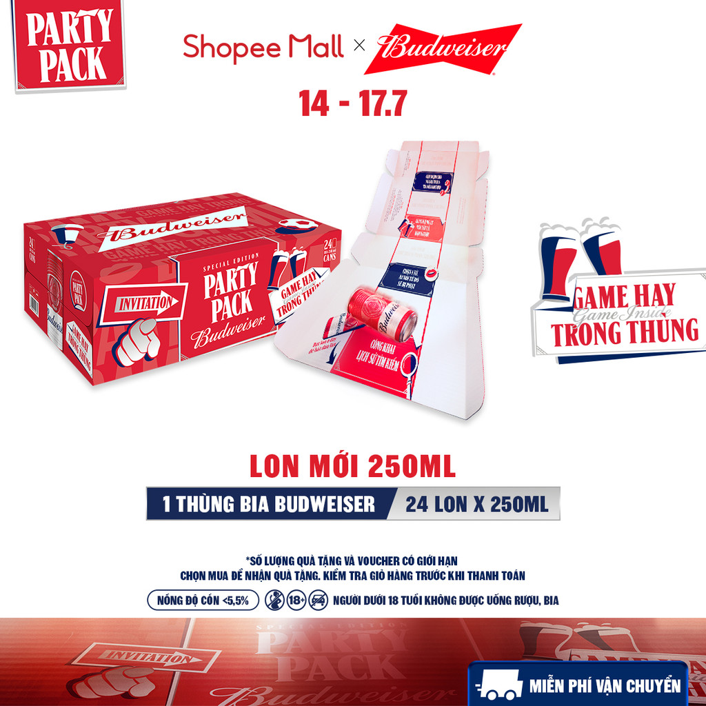 Nồng Độ Cồn 5.0% - Thùng 24 Lon Bia Budweiser PartyPack Chính Hãng (250ml/lon)