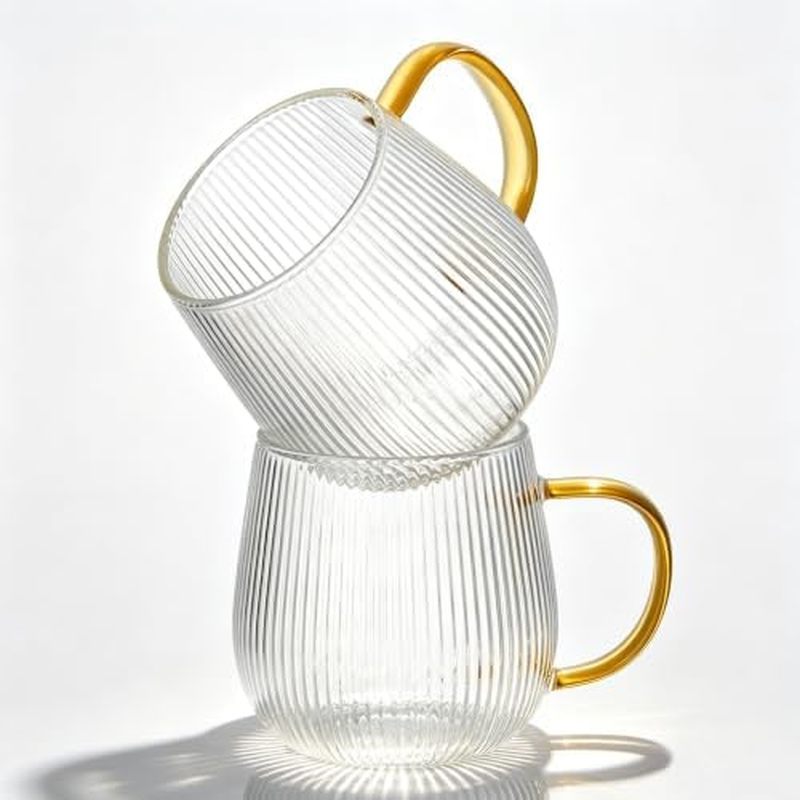 GLASKEY Borosilicate Glass Coffee Mugs Set of 2,12 oz Glass Coffee Cups with Vertical Stripes Patter