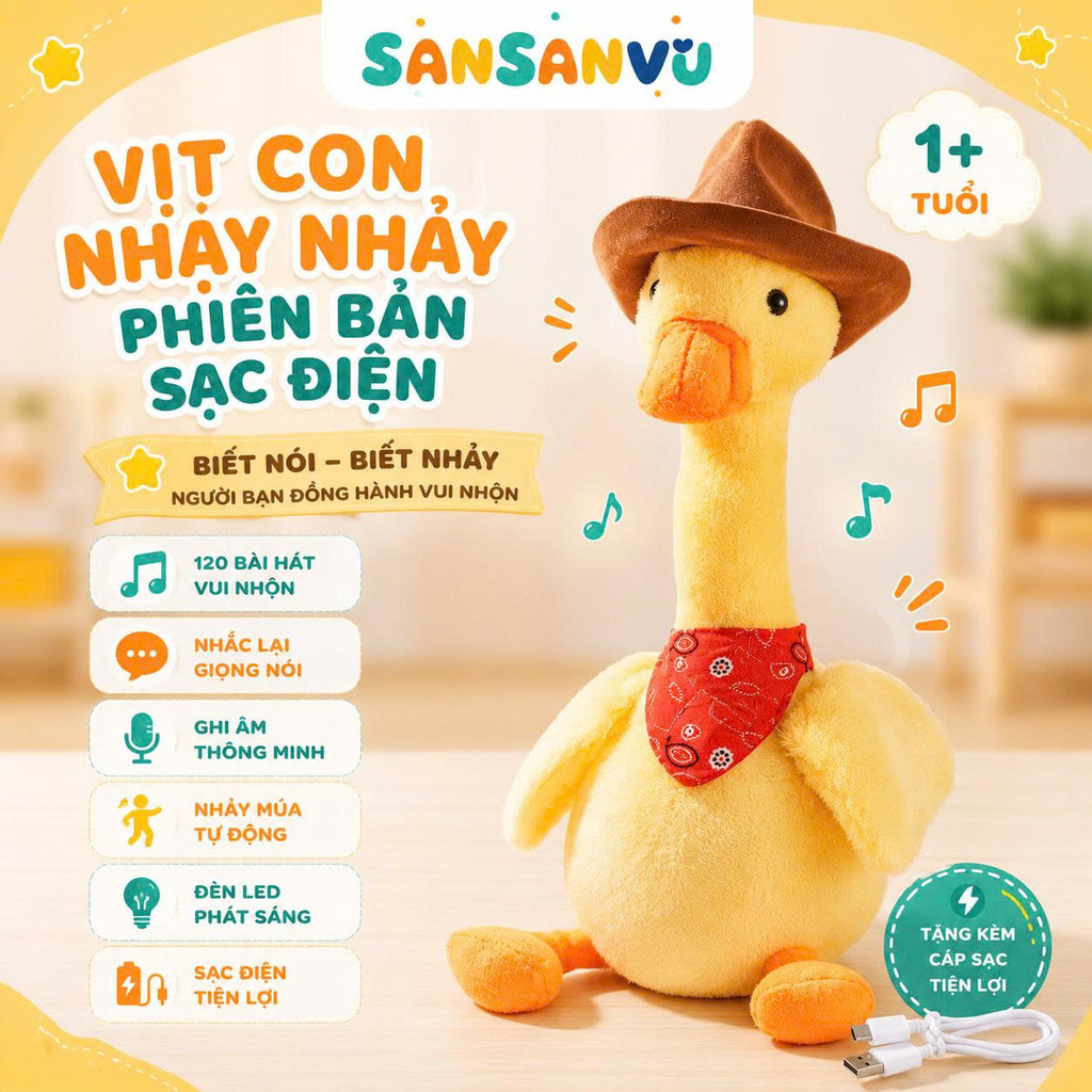 Vịt nhại giọng Sansanvu vịt nhảy múa sạc điện USB bảo hành 3 tháng cho bé