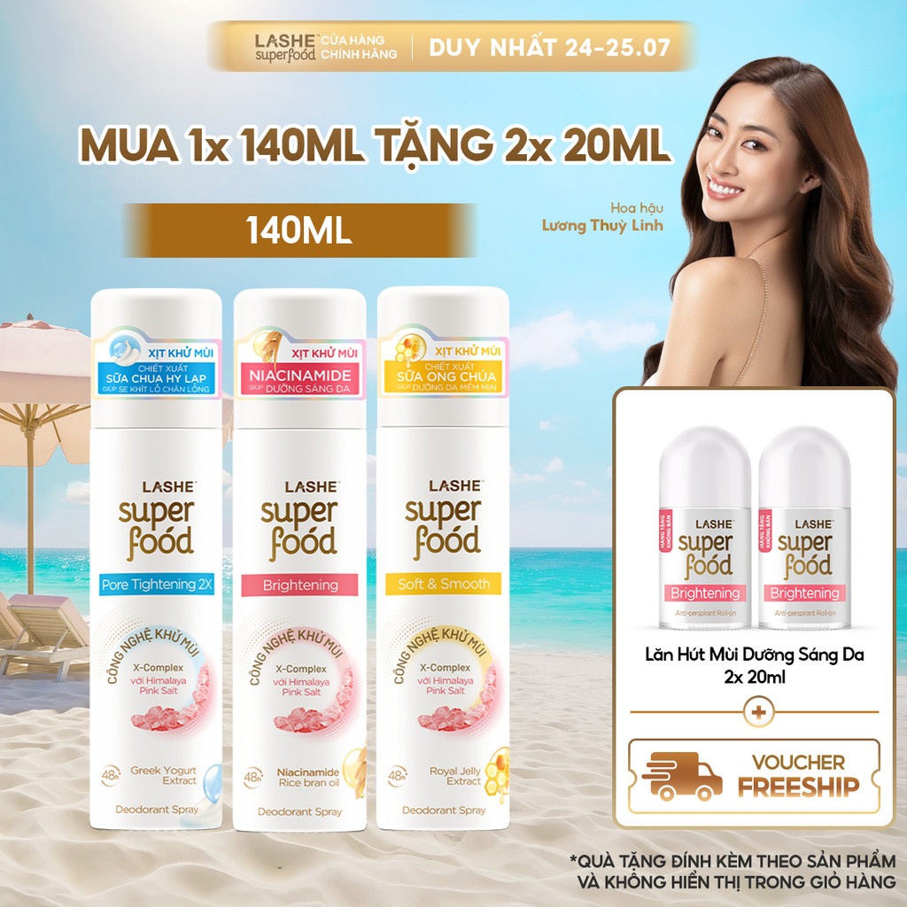 Xịt Khử Mùi LASHE SUPERFOOD Dưỡng Sáng Da 140ML Tặng 2 Lăn Hút Mùi 20MLx2/ 40ML