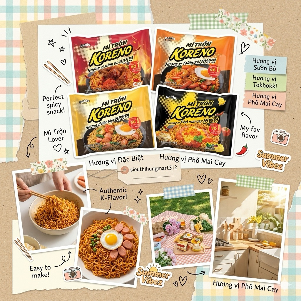 PD Thùng 40 Gói Mì Trộn Koreno Hàn Quốc 4 Vị: Tokbokki, Sườn Bò, Đặc Biệt, Phô Mai Cay (73-79Gam/Gói