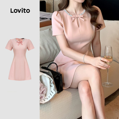 Lovito thanh lịch Đầm phong cách đính kim sa phối nơ mùa xuân/hè màu hồng cho nữ L171ED155