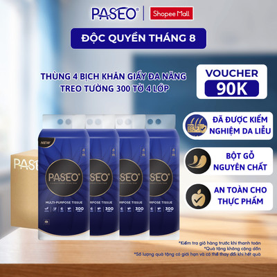 [Thùng 4 Gói] Khăn Giấy Rút Treo Tường PASEO 300 Tờ/Gói Đa Năng Tiết Kiệm Không Gian Mềm Mịn (4 Lớp)